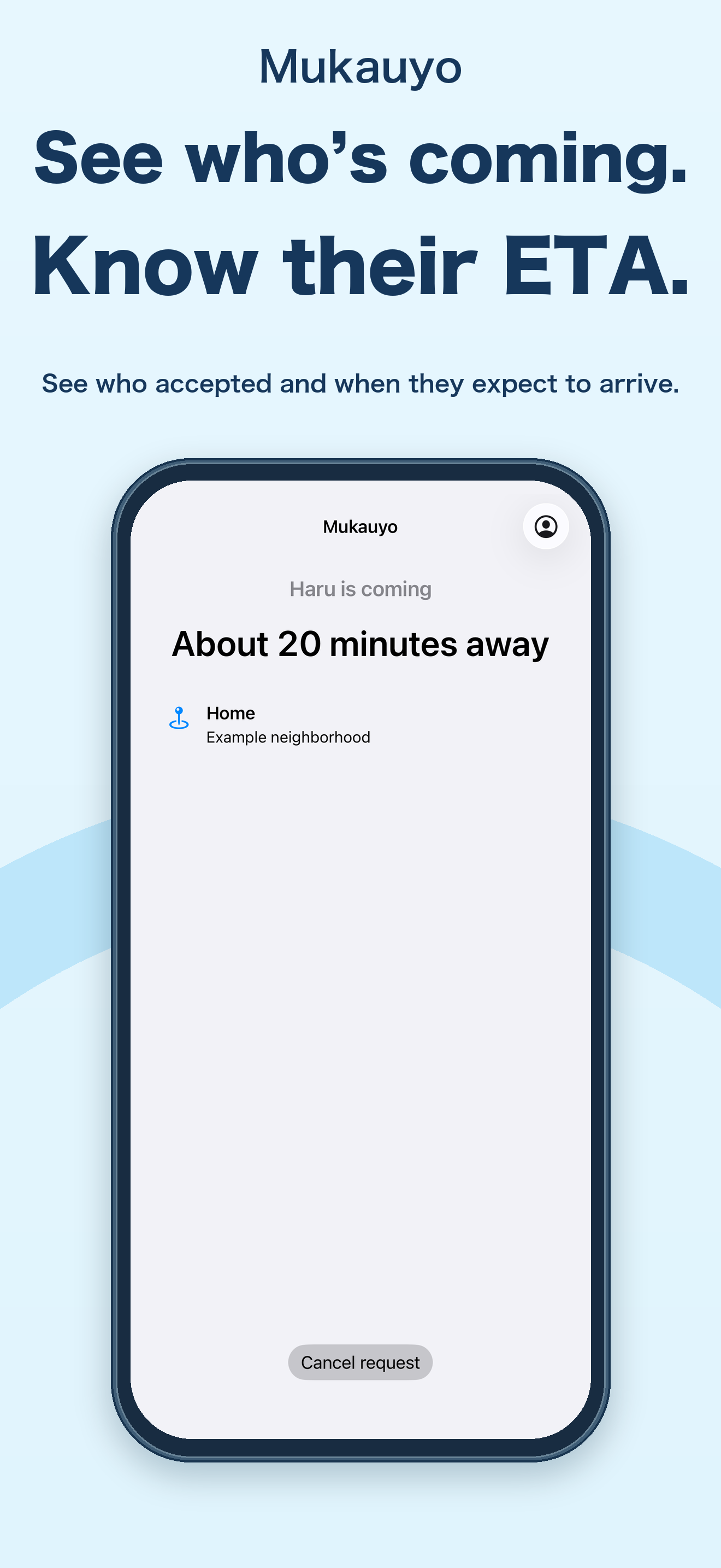Mukauyo screen showing the helper's name and an estimated arrival in about 20 minutes.