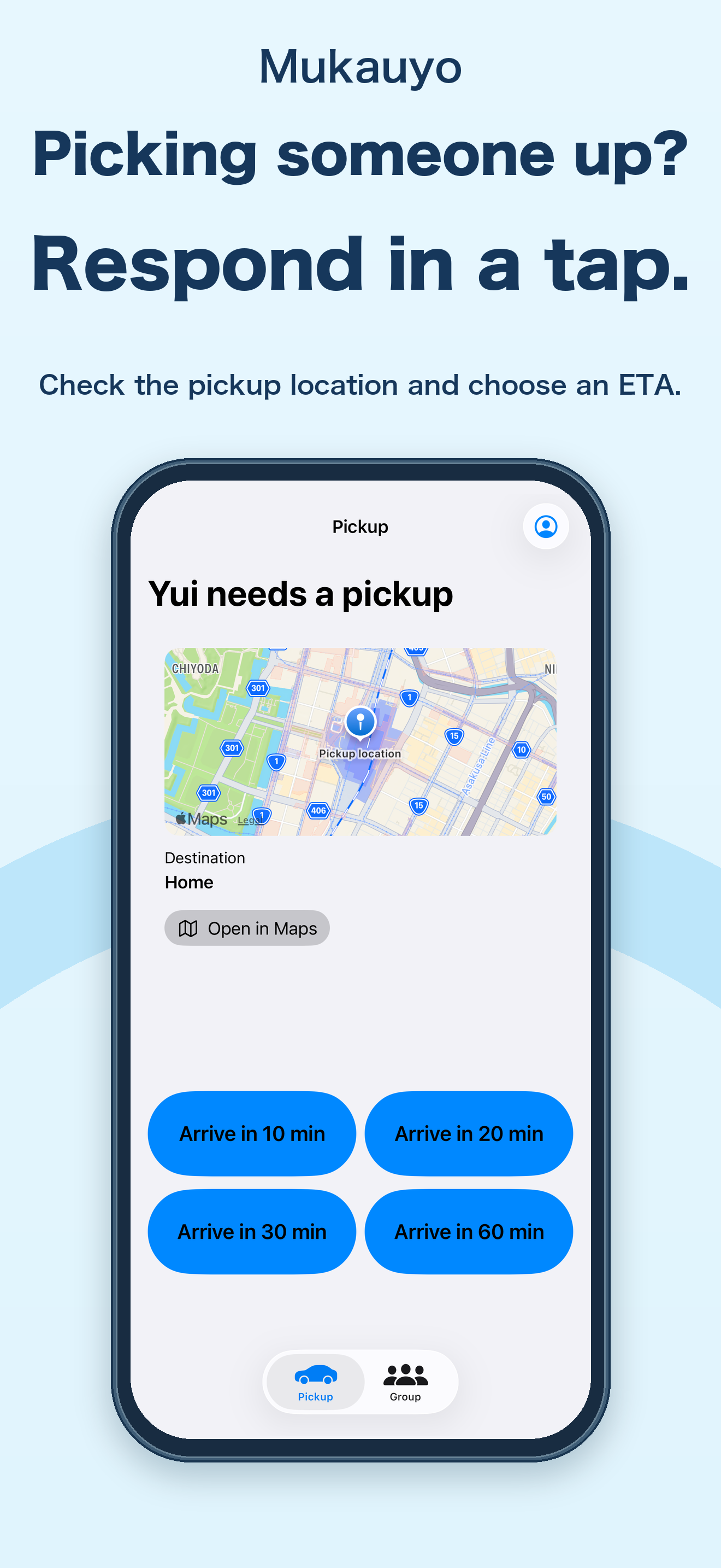 Mukauyo helper screen with a map and 10, 20, 30, and 60 minute ETA buttons.